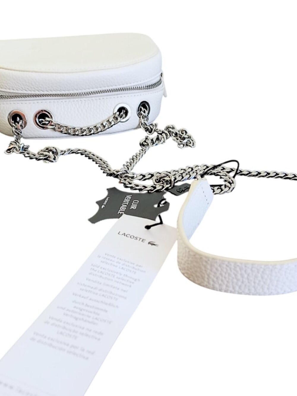 Lacoste NWT White Croco Crew Grained Leather Zip Crossbody Bag - Silver Chain - Picture 6 of 15